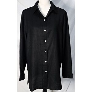 Comfy USA Linen Black Button Down Shirt Top Long Sleeve Collared Classic